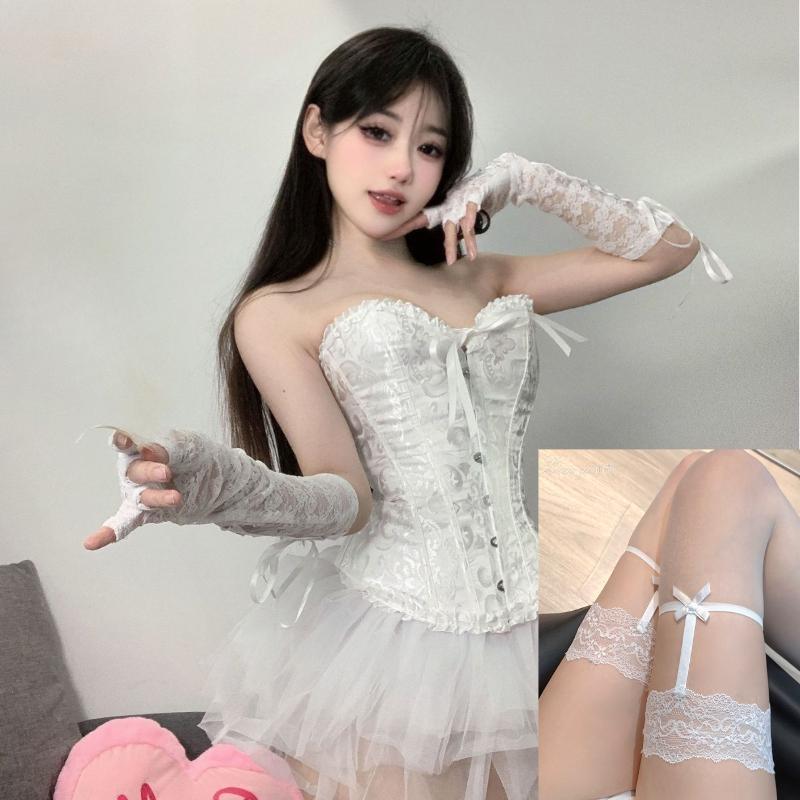 Women Devil Cosplay Lingerie Bandage Vest Miniskirt Stockings Gloves Set Anime Underwear Lace Tight Top White Angel Black Demon Roleplay Costumes