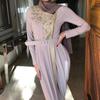 Women's Solid Color Long Sleeve Satin Soft Embroidered Waist And  Dress
