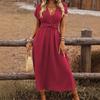 European and American Women's Summer Solid Color Waist V-neck Bat Sleeve Waist Fold Long Elegant Dress Women's Clothing