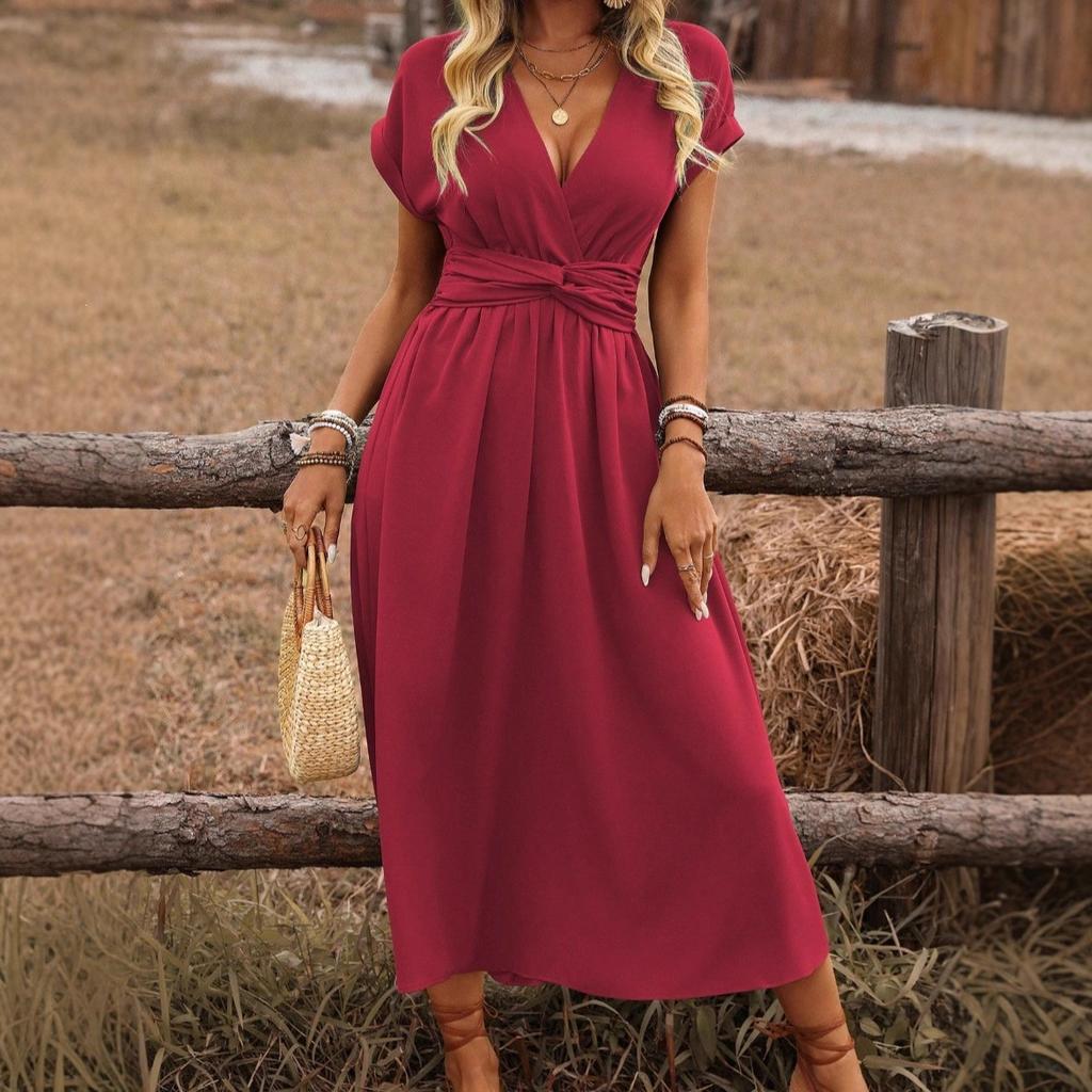 European and American Women's Summer Solid Color Waist V-neck Bat Sleeve Waist Fold Long Elegant Dress Women's Clothing