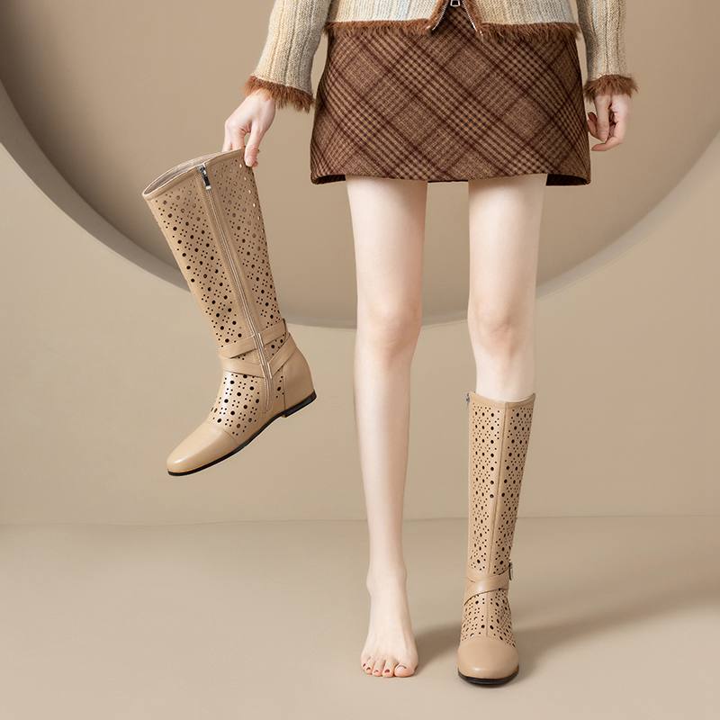 Krazing Pot Rindsspaltleder Runde Zehe Größe 43 Sommerstiefel Mode Ritterstiefel Hohle Verzierungen Herbststiefel Oberschenkelhohe Stiefel