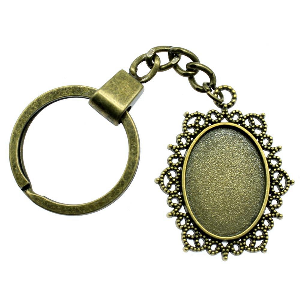 Heart Elliptical Glass Cabochon Base Setting Tray Blank Antique Bronze Metal Keychain for Family Gift