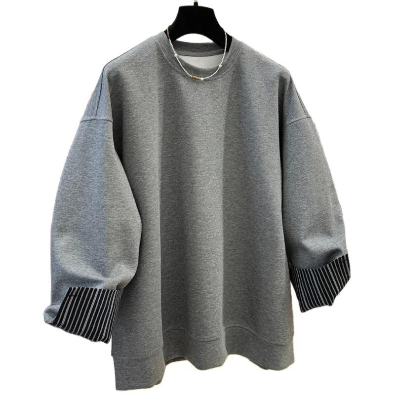 Autumn Winter Women's Pullover Round Neck Hoodie Lazy Style Splicing Design Fake Two Piece Loose Long Sleeve Tops
