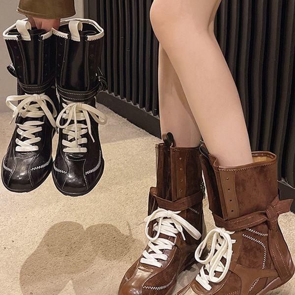 Martin boots women's 2025 new Korean version niche round head lace-up medium boots niche design retro brown boxing boots