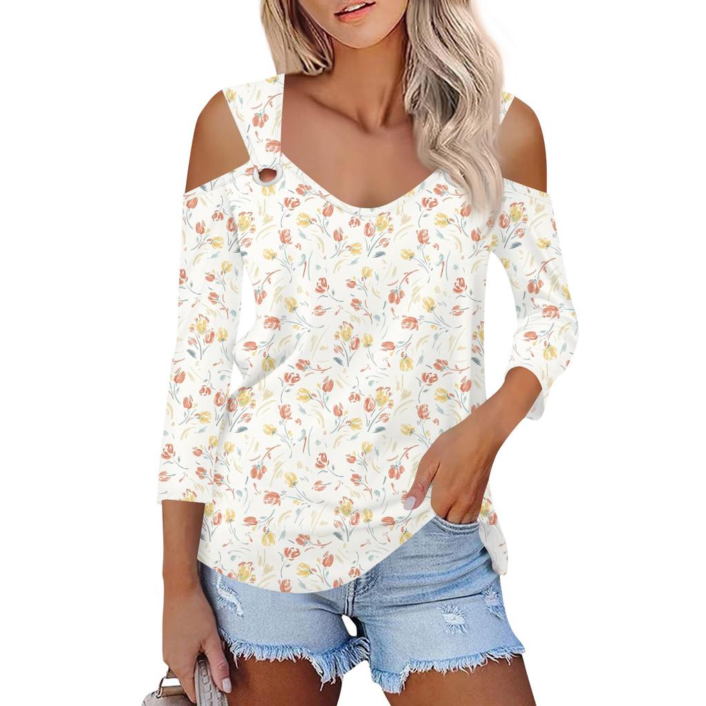 Women's Casual Shirt Blouse Print V-neck Sexy Cold Shoulder 3/4 Sleeve Top