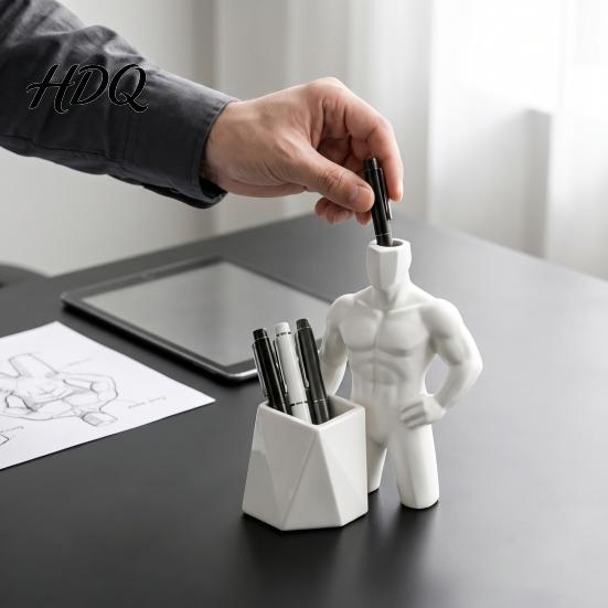 Desk Organization Supplies 3D Printed Muscular Man Pen Holder Creative Pencil Organizer with Dual Body Statue Slots Cool Decor for Office