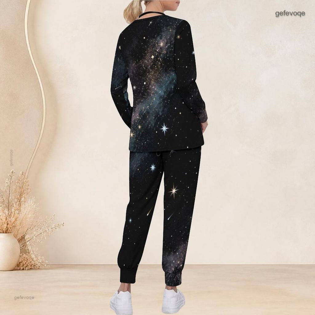 Women Plus Size V Neck Long Sleeve Scrub Set Purple Pink Cosmic Swirl Galaxy Print Nurse Uniform Set