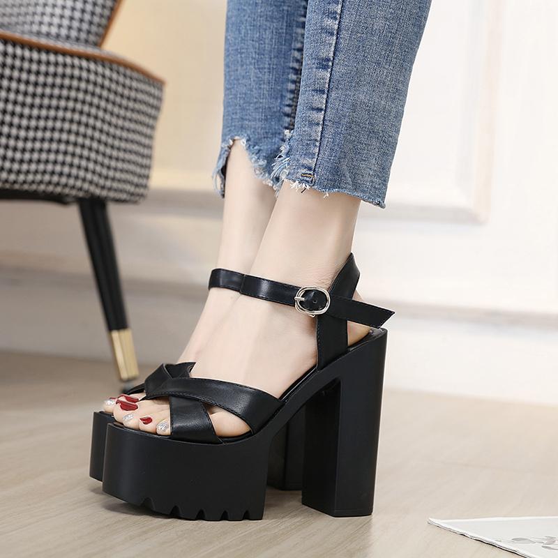 Fashion 14CM  Chunky High Heel Platform Sexy Sandals Women Summer Open Toe Black White Sandals