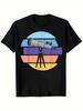 Men's Retro Telescope Pattern T-shirt Telescope and Sunset Color Stripe Design Breathable Fabric Suitable for Stargazing
