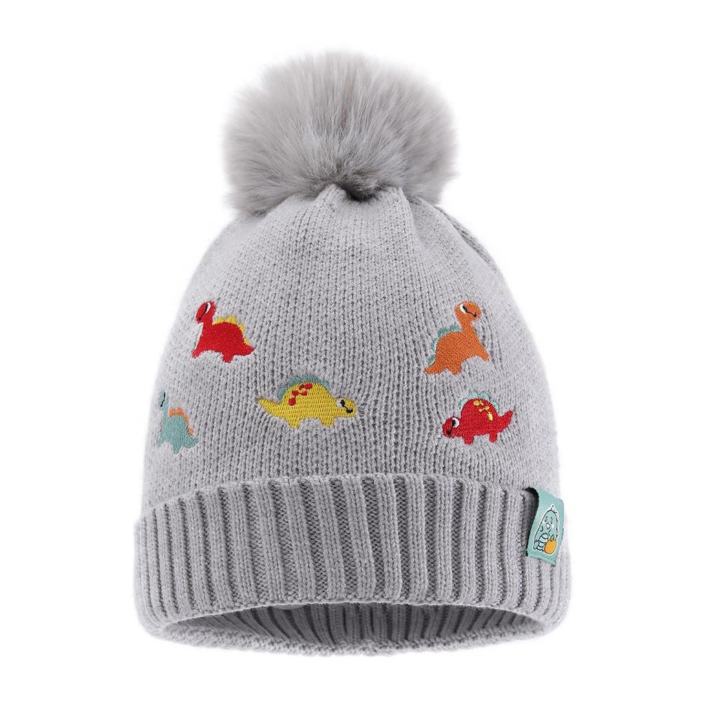 Cute Embroidered Little Dinosaur Children's Warm Knit Pom-pom Hat