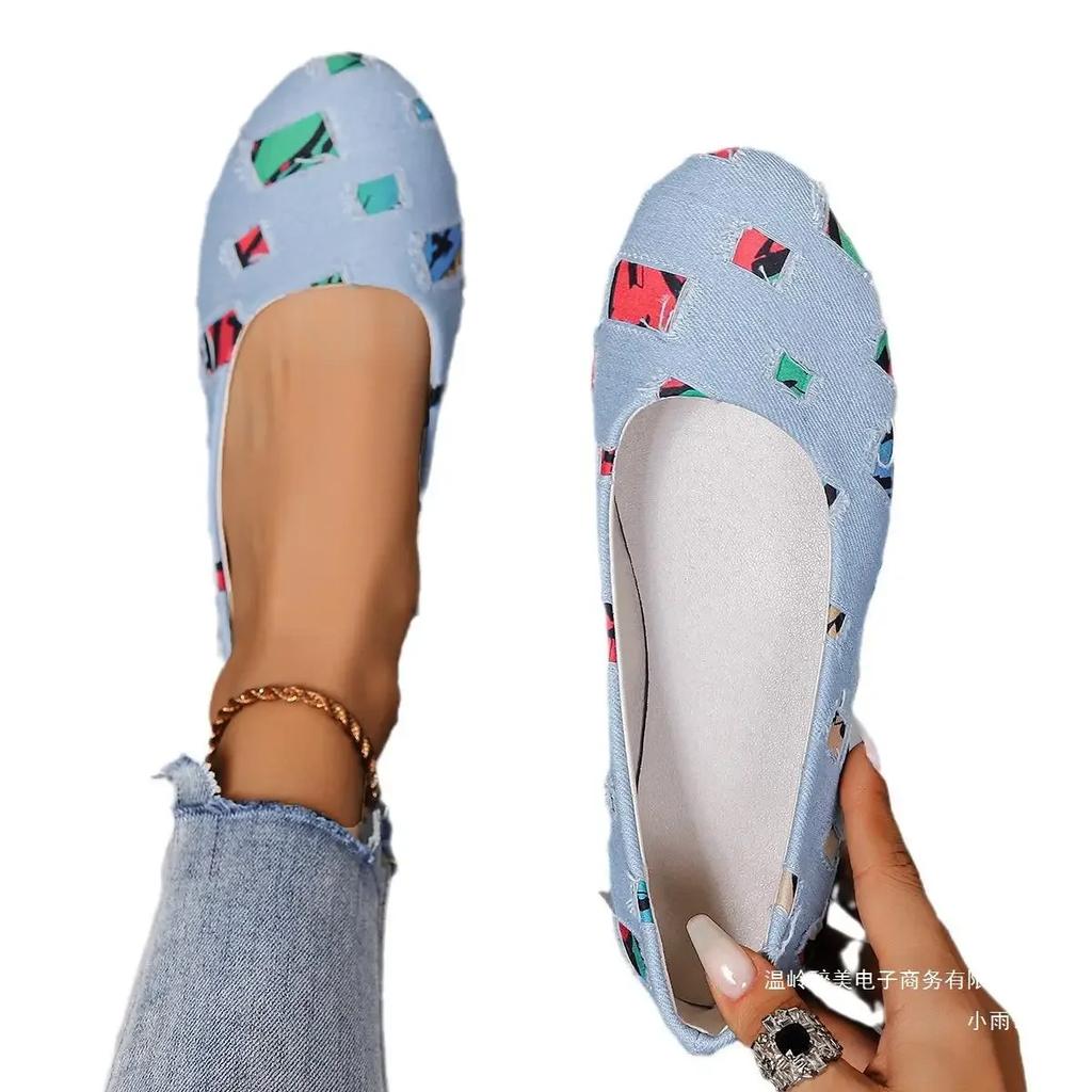 Foreign Trade Large Size Denim Low Heel Flat Single Shoes, Women's Round Head Foot Hollowed Out Color Matching Doudou Shoes