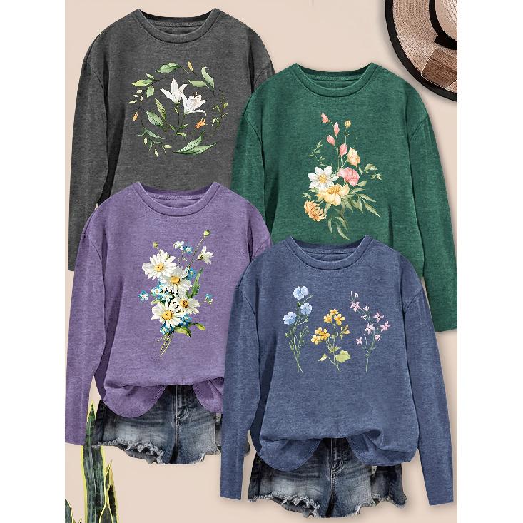 Elegant women's clothing with beautiful lines and floral print patterns, casual round-neck long-sleeve for spring, summer, autumn, and winter4Pieces