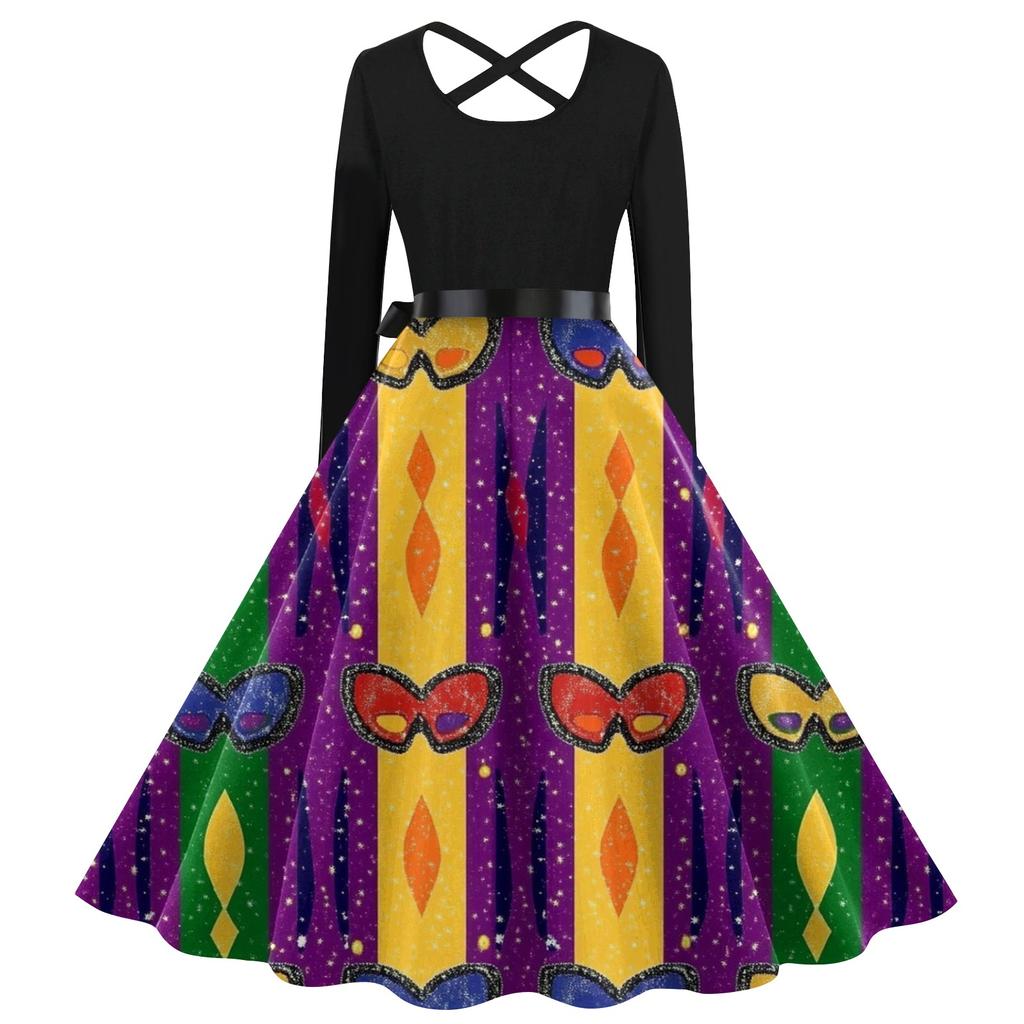 Women's Casual Print O-neck Pullover High Waist Long Sleeve Dress