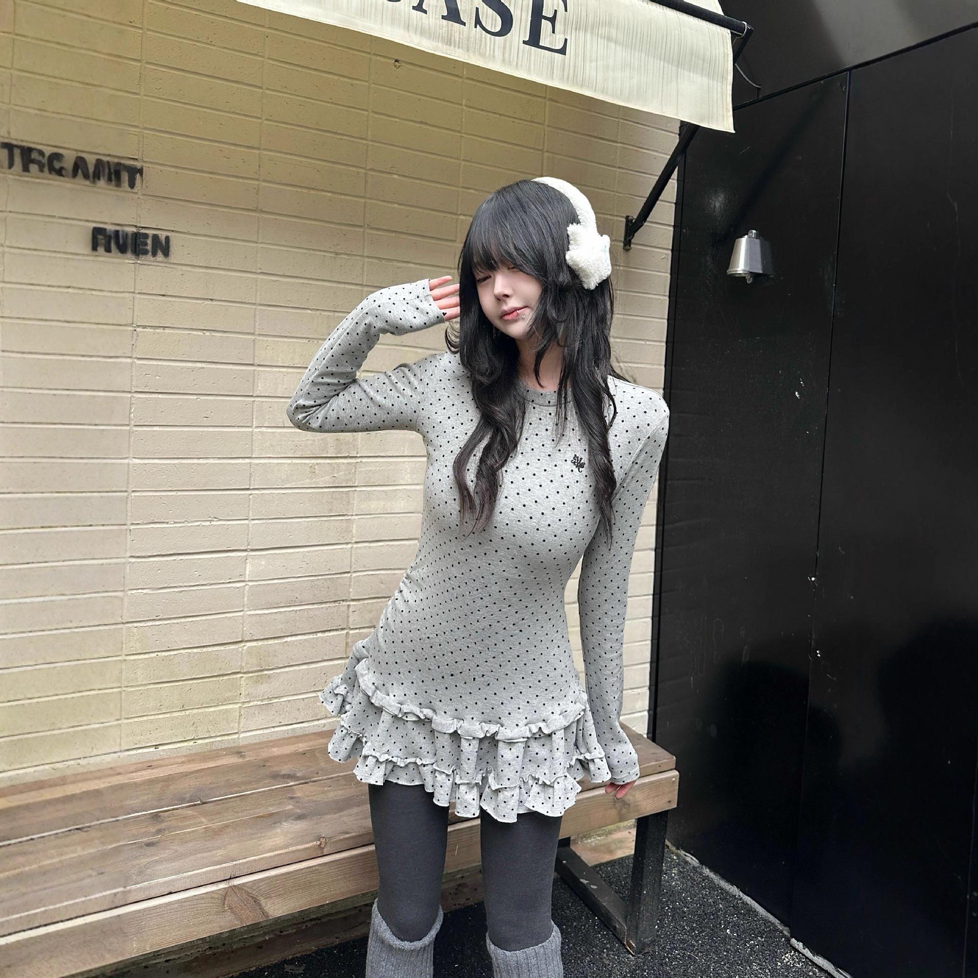 Women s Autumn/Winter Slim Fit Polka Dot Layered Long-Sleeve T-Shirt M серый