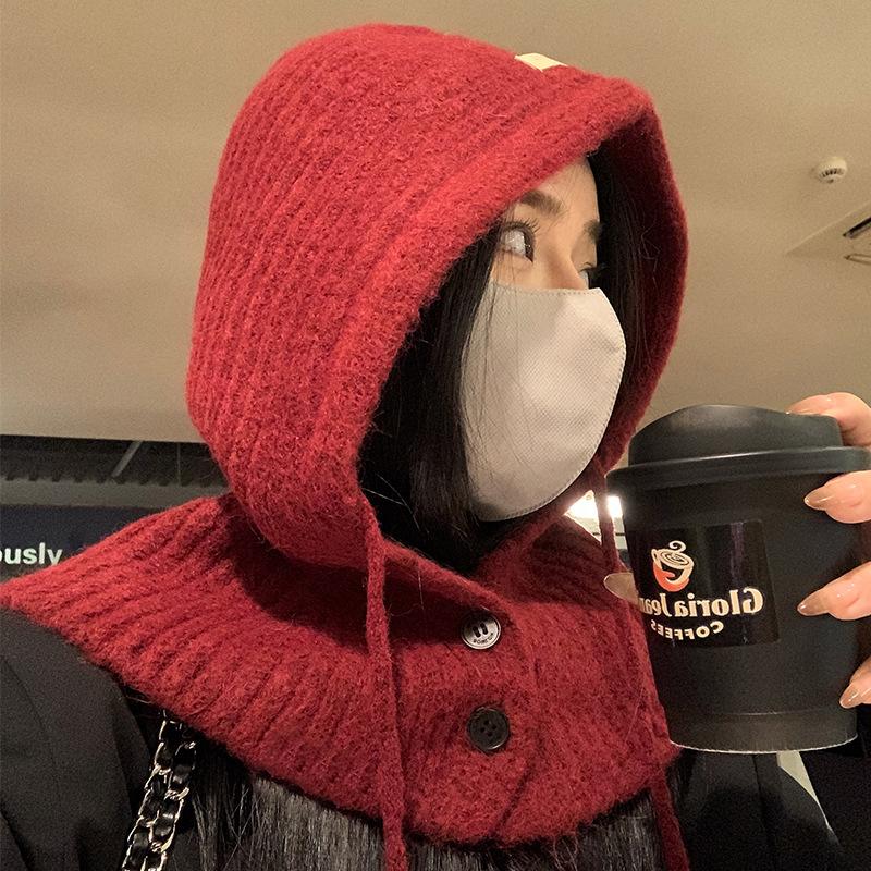 Balaclava Women's Autumn and Winter Warm Knitted Hat Scarf Integrated Cycling Cold-proof Wool Hat Pullover Cold Hat