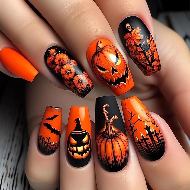 Halloween Press on Nails Medium Fake Nails Almond Shape Halloween False Nail Tips with Pumpkin Star Moon Designs Cute Stick on Nails Glossy Halloween