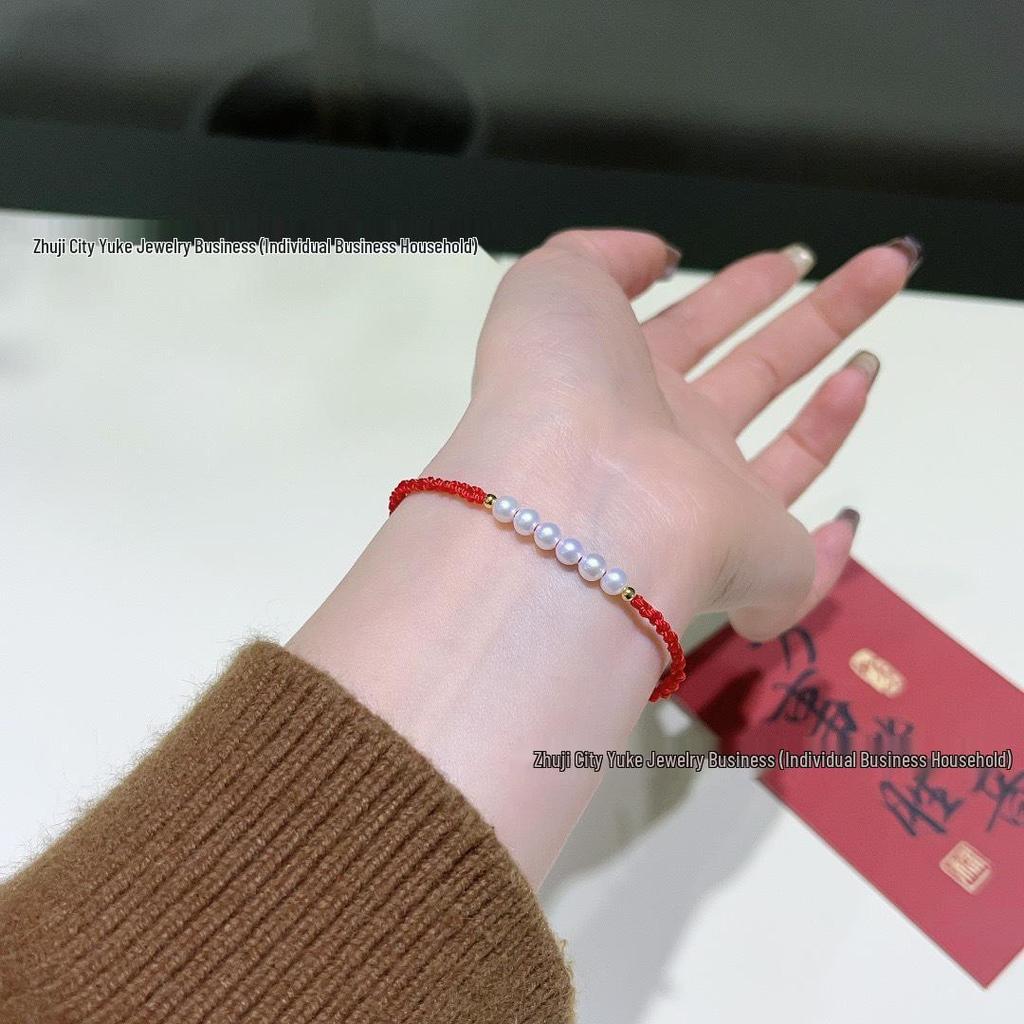 Adjustable Bracelet with Freshwater Pearl, S925 Silver Spacer, Hand-woven Red String, 4-5mm Round Beads