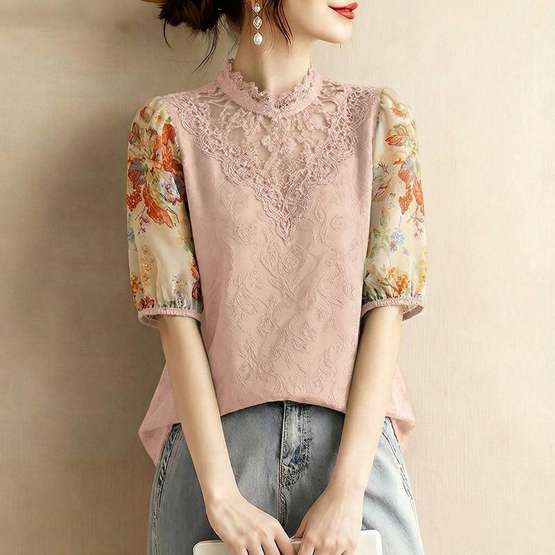 ZANZEA Women Casual Round Neck Print Splice Half Sleeve Lace Blouse
