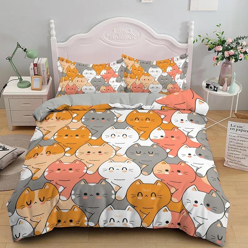 Kawaii Bed Linen Collection Cartoon Cat Design Comforter Cover Children Quilt Pillow Covers Twin Size Size Twin Size King Dimension Queen Dimension