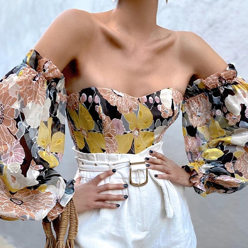 Sexy Ladies Off-shoulder Tube Top Print Chiffon Shirts Casual Spring Summer Lantern Sleeves Pullover Elegant Office Slim Blouses