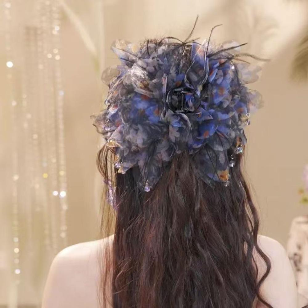 

Заколка-краб для волос с цветочным дизайном, кисточкой, зажим-акула, заколки для волос, головной убор, аксессуары для вечеринки синий