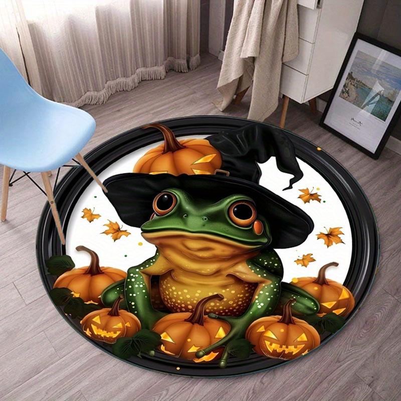 Halloween frog pumpkin witch hat round rug crystal velvet floor mat home decor spooky party room decoration cute animal carpet 60cm x 60cm