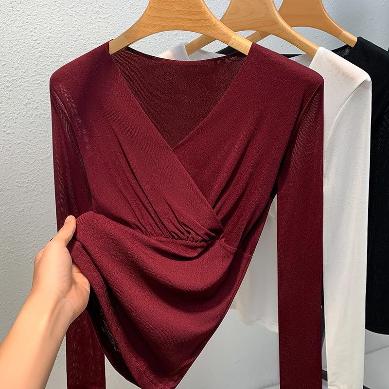 Cross V-neck Mesh Base Shirt for Women In Spring and Autumn New Tight Long-sleeved T-shirt for Women In Women's Unique Waist-hugging Shirt