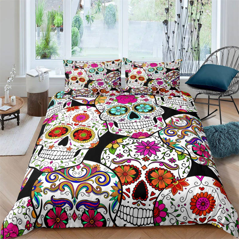 Povlak na přikrývku Cukrová lebka Luxusní gotická sada ložního prádla s kostrou Halloweenský motiv Květinový povlak na přikrývku Jednolůžko Plná velikost Pro dívky Děti Dospívající