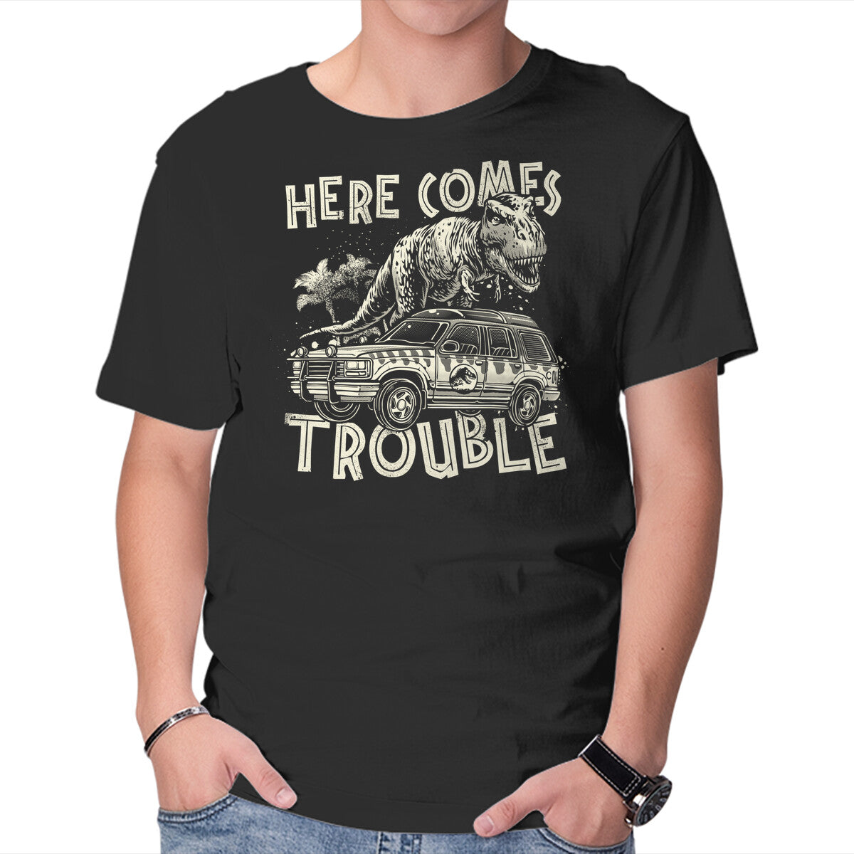 Unisex Crew Neck T-Shirt Here Comes Trouble Graphic Short Sleeve Casual Tee M