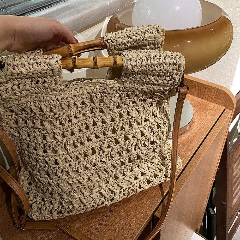 Bambusgriff Stroh Handtasche Handgefertigt Gewebte Strandtaschen für Damen Papierseil Stricken Rattan Tasche Quadratische Schultertasche Umhängetasche