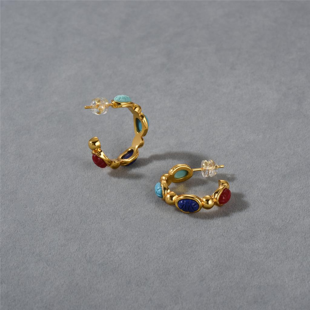 Niche Design C-Shaped Colorful Gemstone Earrings, A Must For Fashion Commuting, Literary And Retro Temperament, Versatile Earrings