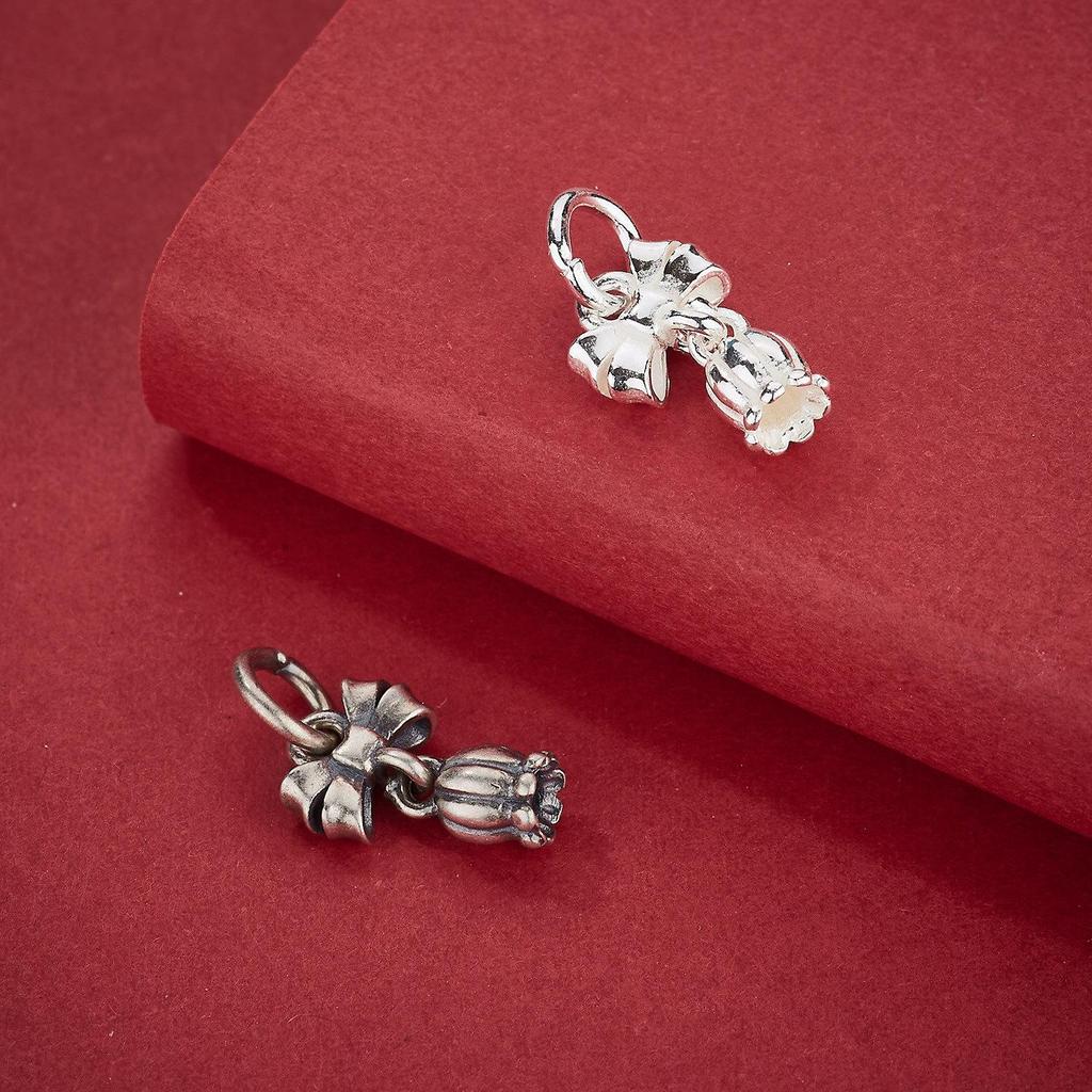 S925 Sterling Silver Tulip Bow Pendant with Small Flower Tassel Charm for DIY Beaded Bracelets