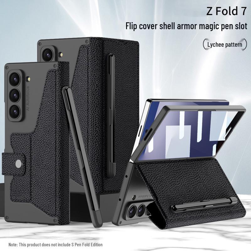 Samsung Z Fold7 Business Style Armor Flip Case with Pen Slot, Card Holder, and Screen Protector.