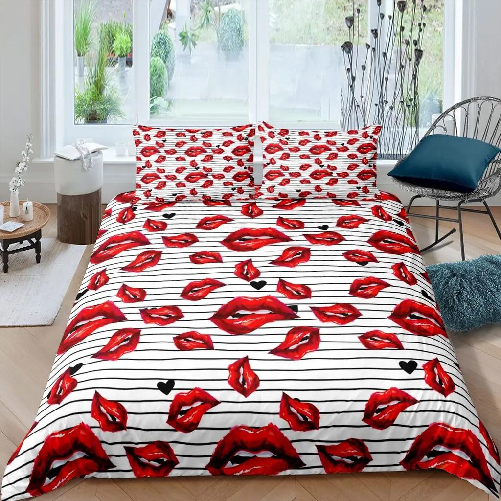 Red Lip King Queen Duvet Cover 3D Mouth Pattern Bedding Set For Adult Couples Lipstick Black Golden 2/3Pcs Polyester Quilt Cover