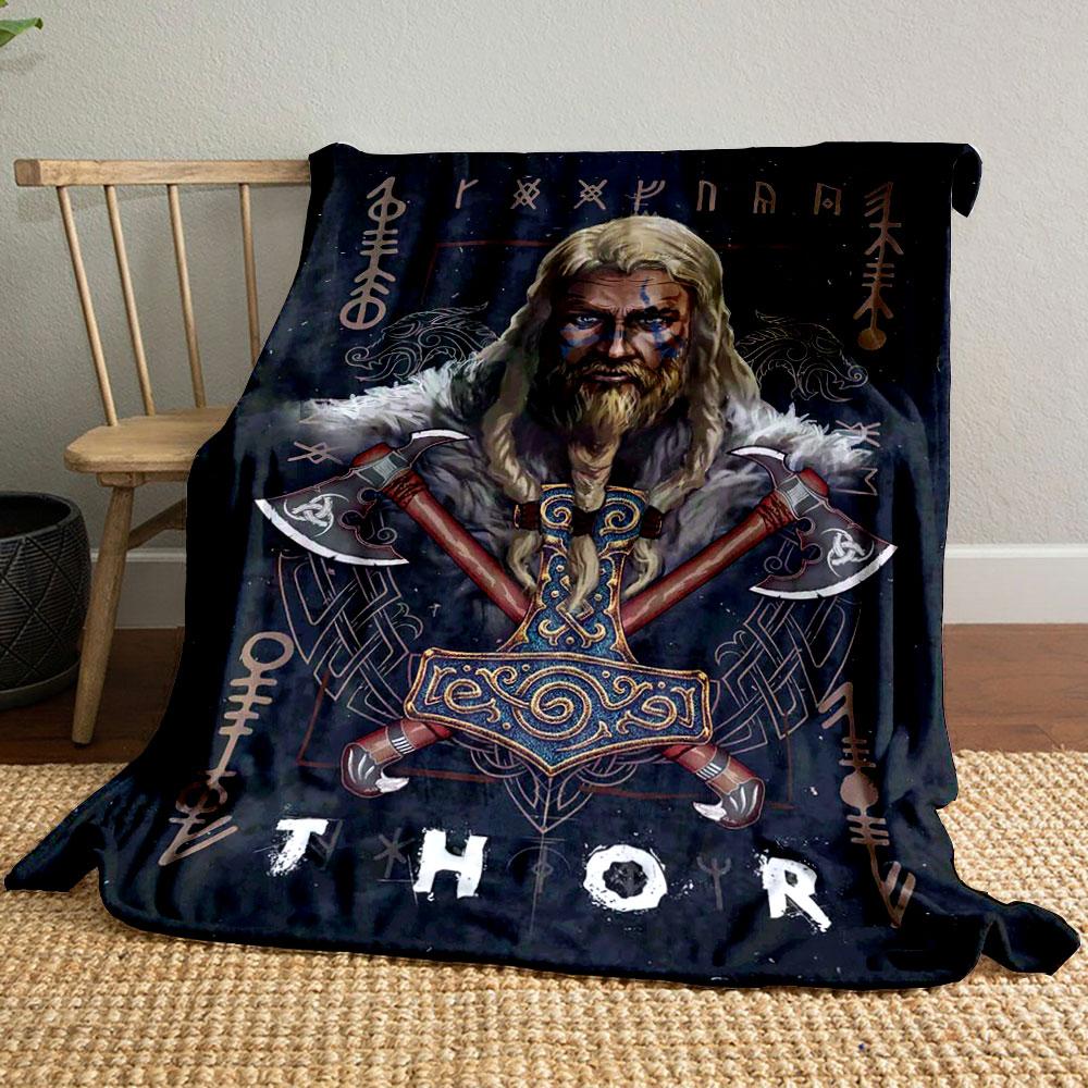 "Viking Warrior with Thor's Hammer Design" Patterned Blanket, Flannel, Suitable for All Seasons, Home Decor, Warm and Cozy