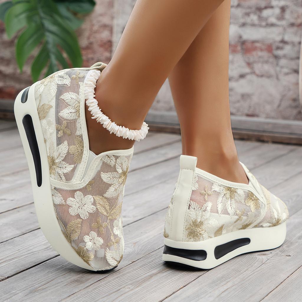 Fashion Women Sneaker Summer Breathable Lace Mesh Flower Embroidery Round Head Thick Sole Comfortable Casual Vulcanized Shoes