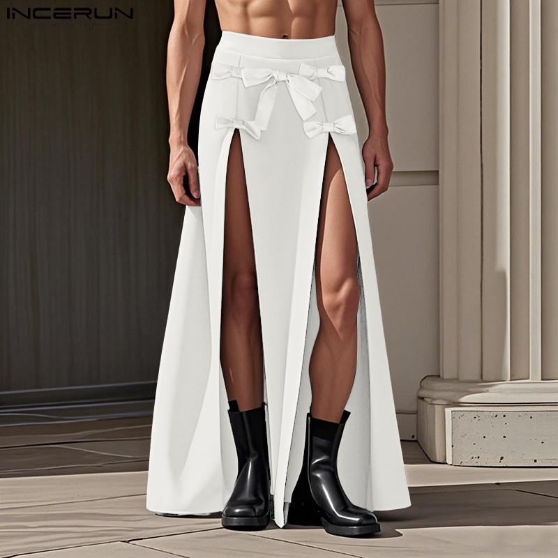 INCERUN Men High Waist Side Zip-Up Bow Kont Long Party Splits Kilt Skirts