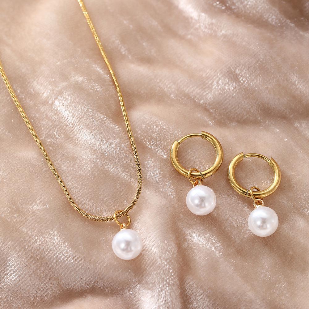 Titanium Steel High-End Off-White Pearl Pendant Necklace & Earring Set for Women - Niche Light Luxury Jewelry