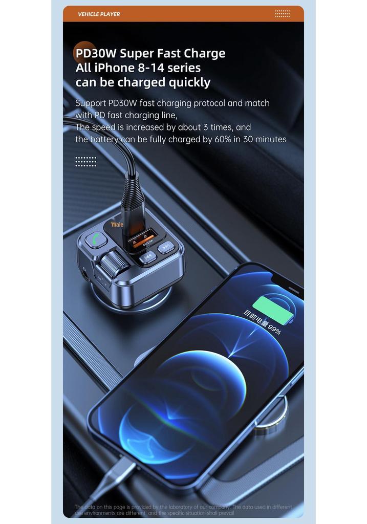 Car Bluetooth FM Transmitter MP3 Player with PD30W Fast Charger & 2.4A Hands-Free AUX Adapter
