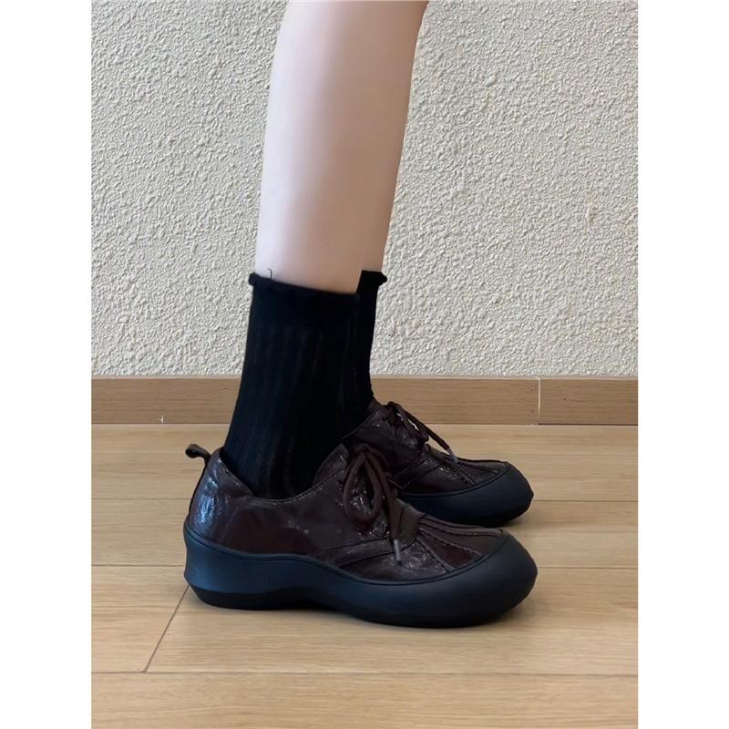 Sheepskin version~ retro leather commuting thick-soled lace-up round head small leather shoes women's loafers black shell head single shoes