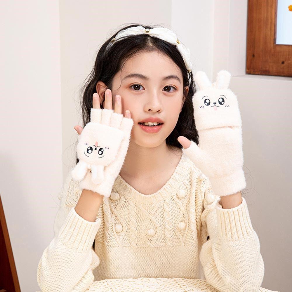 Half Finger Flip Cover Student Mittens Thick Plush Riding/Writing Gloves Knit Gloves 3-12Years
