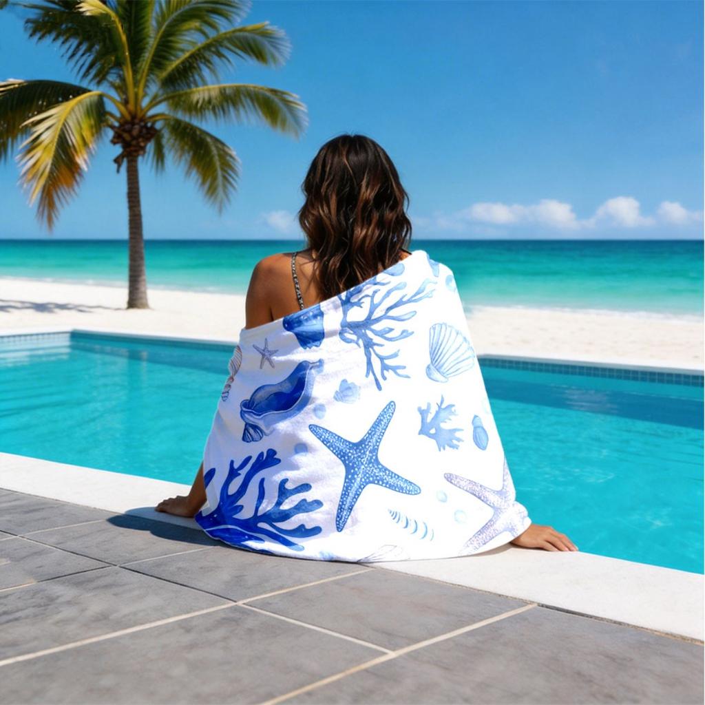Nautical Sea Shell 2D Flat Printed Microfiber Beach Towel Waterproof Sandproof Summer Vacation Pool Bath Blanket Gift