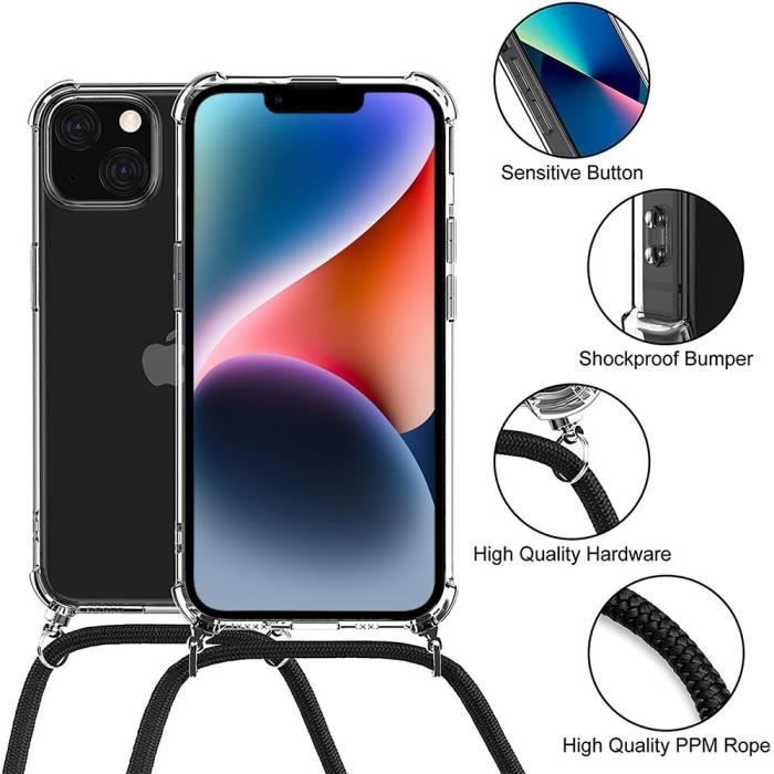 Protective Case - E.F.CONNECTION - for iPhone 14 - Flexible - Shockproof - Transparent with Black Lanyard