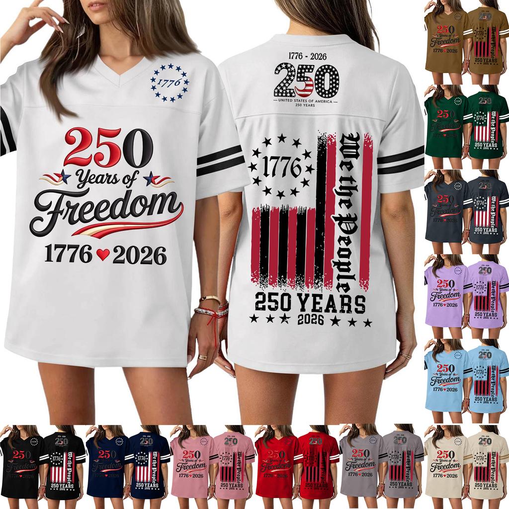 Women Casual V Neck Jersey Shirt 250 Years Anniversary Print Short Sleeve Athletic T Shirt Top for Independence Day Celebration