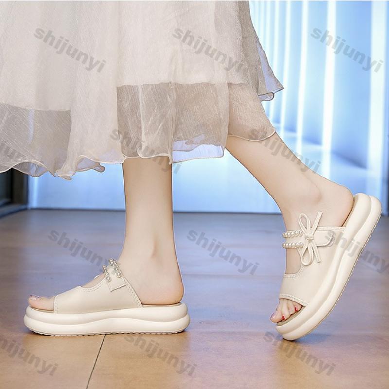 Fashion Women's One Word Slippers 2025 Summer New Fashion Bow-knot Platform Sandals Outdoor Comfortable Height Increase Casual Flats