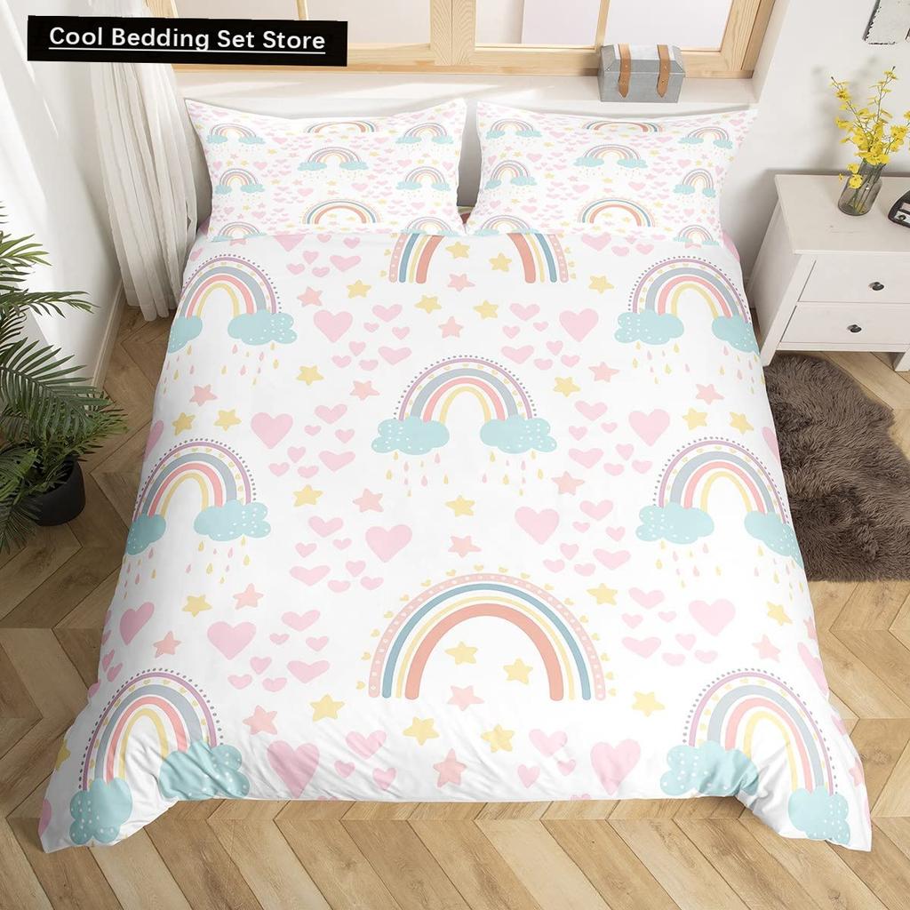 Cartoon Regenbogen König Königin Bettbezug Kinder Mädchen Bunte Wolken Bettwäsche Set Liebesherz Bettdeckenbezug Polyester Steppdeckenbezug