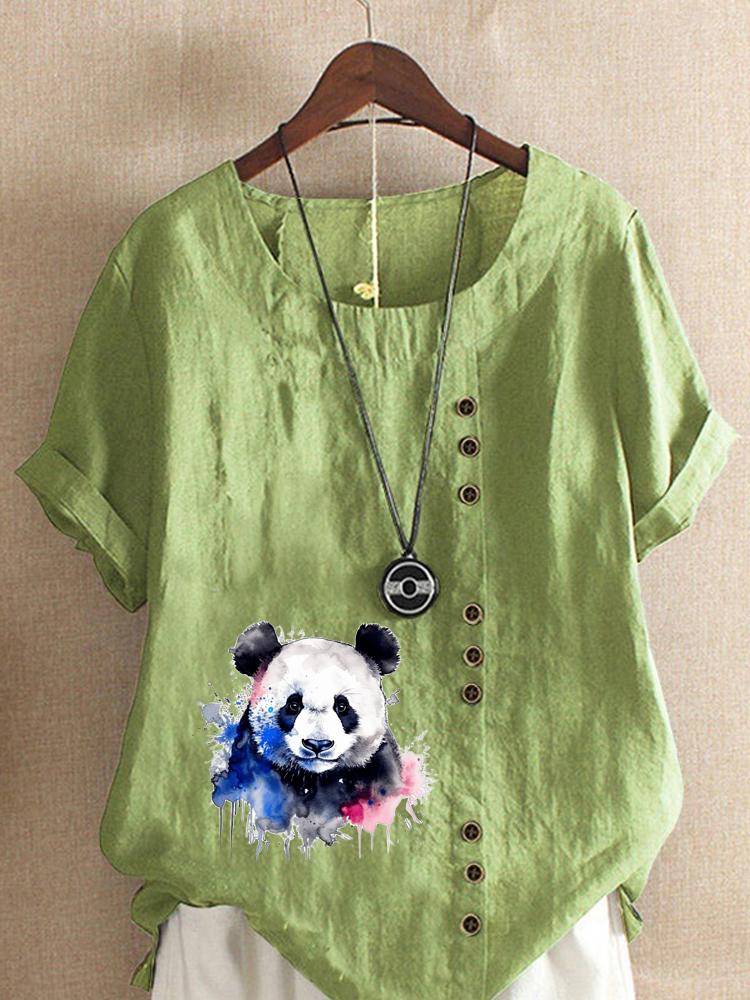 Women's Fashion Panda Print Round Neck Short Sleeve T-shirt Casual Cotton Linen Graphic Shirt Leisure Loose Summer Blouse Tops