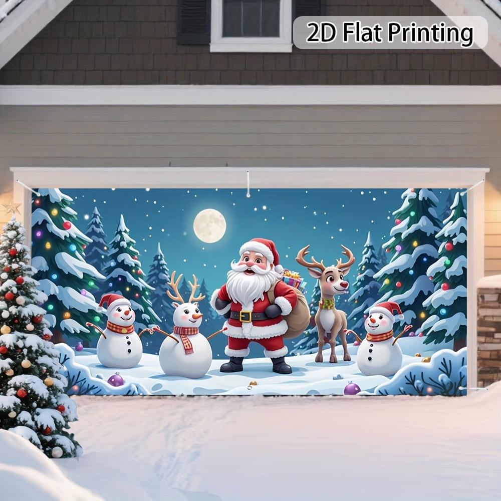 2D Door Banner, 1pc Large Santa Claus Reindeer Snow Garage Door Banner - Winter Scene Decoration with Sleigh and Reindeer Doors
