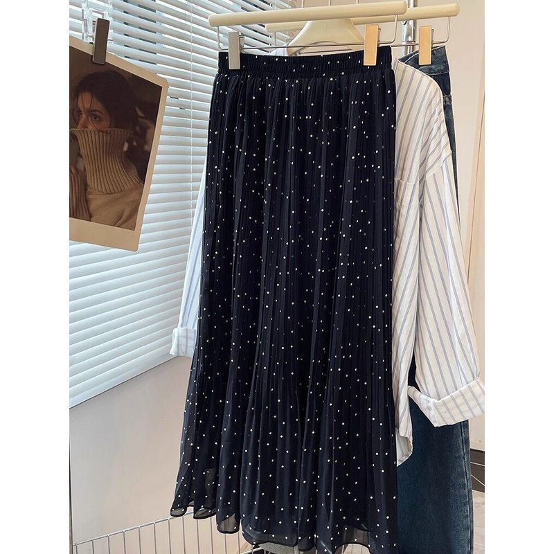 [in Stock] 2026 Autumn New Black Polka Dot High-Waisted Slimming Pleated Skirt for Women, Fairy-Like A-Line Skirt