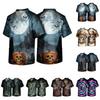 Herren Halloween Print V-Ausschnitt Kasack mit Tasche Kurzarm Uniformhemd